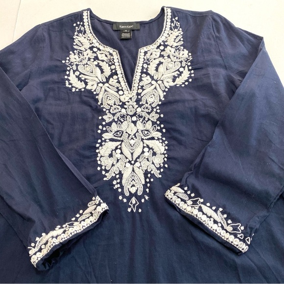 Karen Kane Navy Embroidered Tunic Top Size XS Cotton Summer Cruise Vacation - Picture 5 of 12